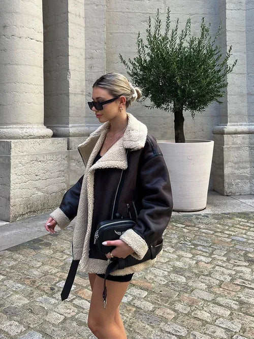 Suninheart Fashion Winter Warm Faux Fur Jacket Women Long Sleeve Moto