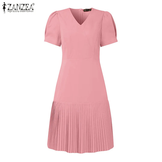 Elegant Pleated Dresses Women Summer Dress V Neck Puff Sleeve Party Vestidos Stylish Solid OL Work Sundress