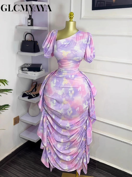 Women Tie Dye Printed Skew Neck Ruched Stacked Bodycon Midi Maxi Long Dress Vacation Holiday Sexy Vestidos Dresses