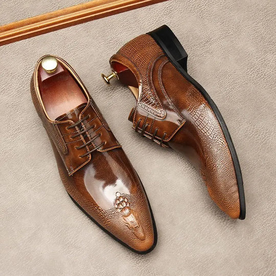 Men's Trendy Genuine Leather British-style Pointed Toe Dress Shoes, Lace-Up Business Formal Oxfords Shoes