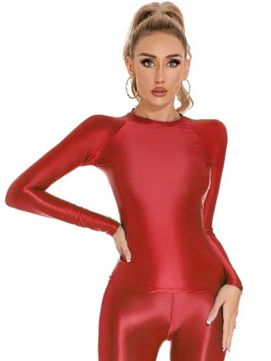 Glossy Shiny Elasitc Long Sleeve Shirt Women Fitness Gym Athletic Yoga Tshirt Tights Hot Sexy Tees Casual Crop Tops Bustier Top