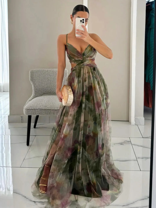 Spring/Summer New Mesh Printed Sling Dress Vacation Casual Gathering Dress