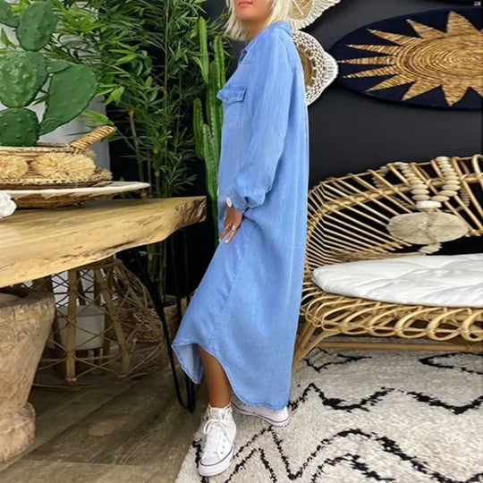 Women Fashion Long Dress Long Sleeve Shirt Dress Women's Denim Long Dress Pocket Button Shirt Casual Loose Dress