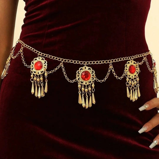 Designer Red belt Jewelry Multilayer Pearl waist chain for Women's Fashion Retro Character Playing Body Accessories Party Belts