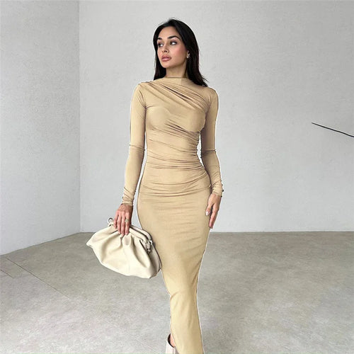 Cryptographic Autumn Elegant Ruched Long Bodycon Dress Fashion Outfits