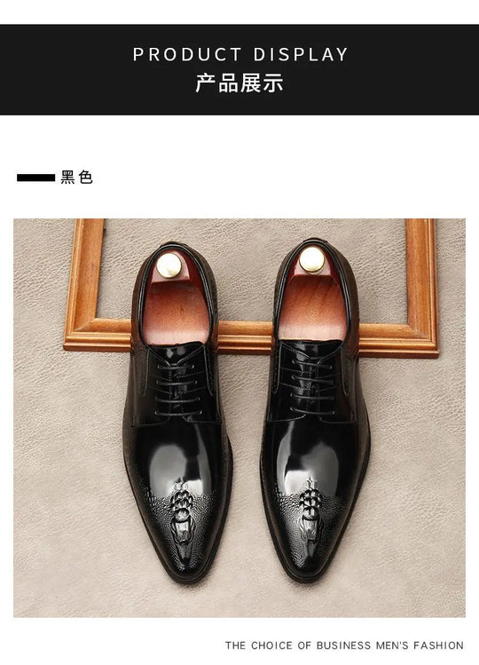 Men's Trendy Genuine Leather British-style Pointed Toe Dress Shoes, Lace-Up Business Formal Oxfords Shoes