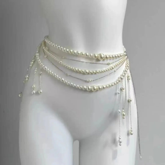 Designer Red belt Jewelry Multilayer Pearl waist chain for Women's Fashion Retro Character Playing Body Accessories Party Belts