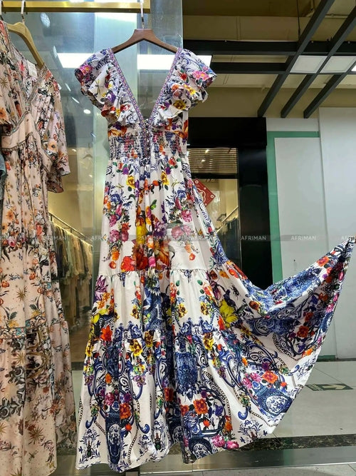 Women V Neck Crystal Beaded Flying Sleeve Retro Flower Print Elastic.