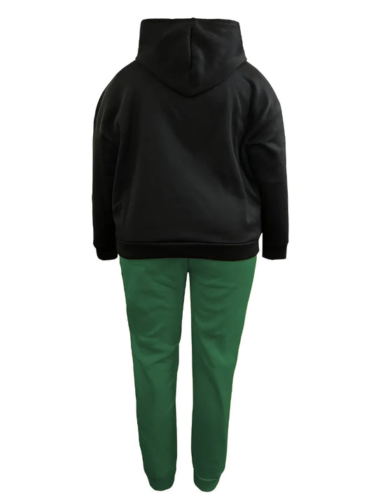 LW Plus Size Crown Letter Print Kangaroo Pocket Tracksuit Set Women Hooded Collar Sweatsuit Fall Long Sleeve Two Pieces Outfit