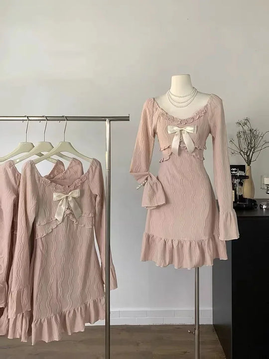 2024 New Pink Sweet Slim Y2k Mini Dress Woman French Elegant Flare