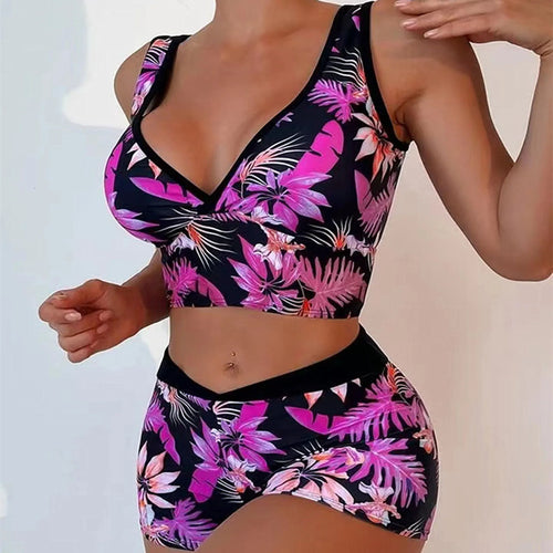 Women High Waisted Print Bikini Wide Shoulder Straps Border High Waist