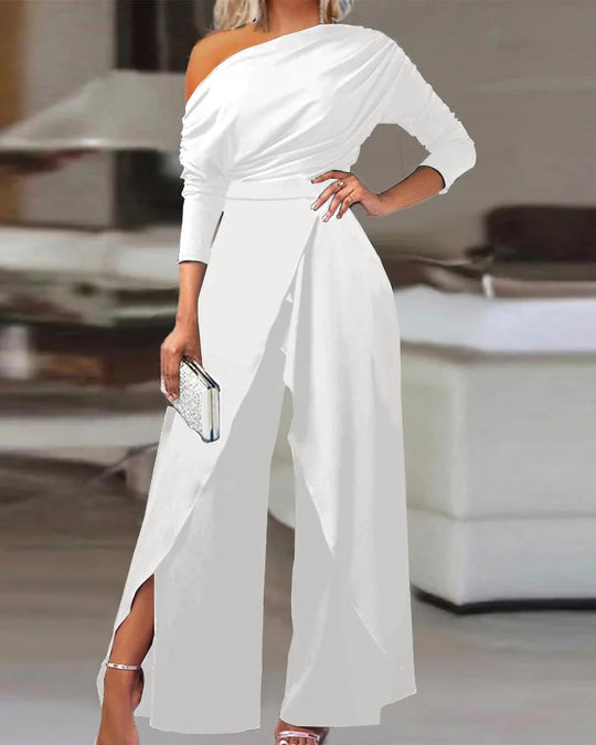 Jumpsuits for Women Plain Elegant Office Lady Loose Ruched One Shoulder Split Hem Wide Leg Jumpsuit
