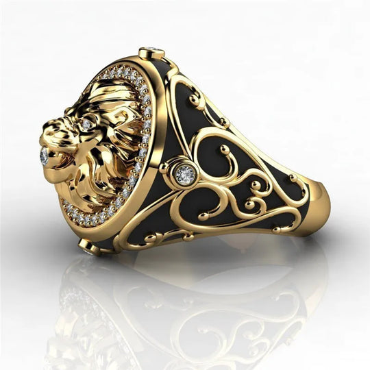 Male Black Stone Lion Punk Rings for Women Men Animal Jewelry Retro Fashion Yellow Gold Color Hip Hop Ring Couple Gift Wholesale