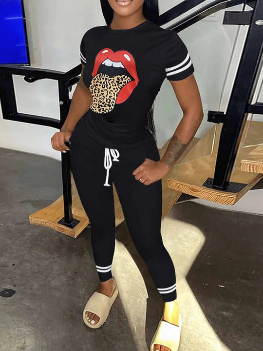 LW Leopard Lip Print Striped Drawstring Two Pieces Pants Set Matching Outfits Short Sleeve Loose Crew Neck Top & Skinny Leggings