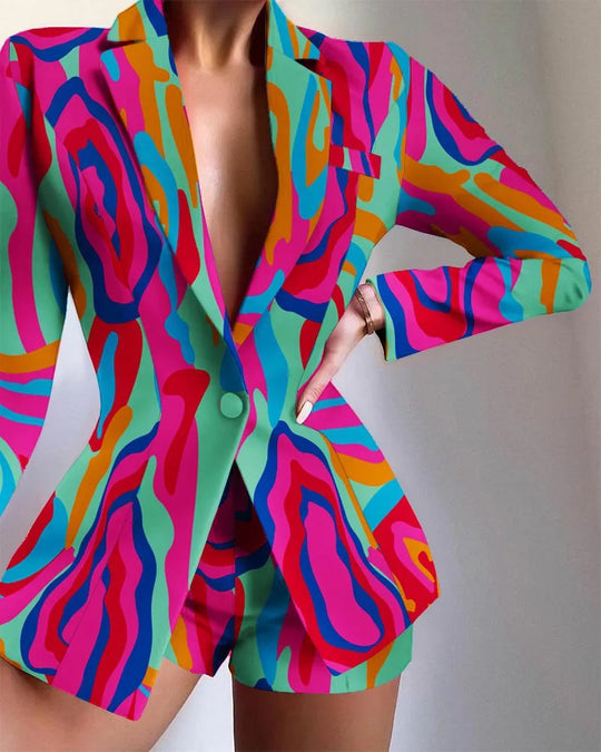 Women's Fashion Print Design Suit Jacket & Shorts Set Temperament Commuting Summer New 2024 Women Casual Blazer Outfits