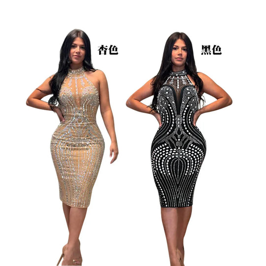 Backless Dress Sexy Wrap Buttocks Vestidos Women Party Dresses Sheath Slim Fit Spliced Summer Diamonds Knee Length