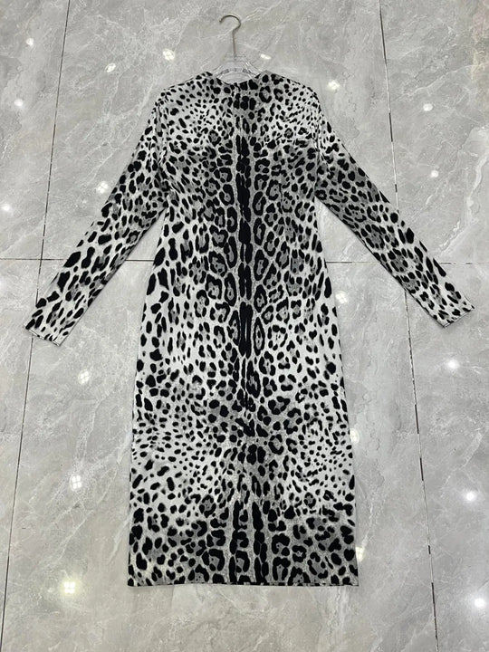 Elegant Women's Party Dress 100% Silk | Luxury Designer Black Leopard Print Midi | Evening Cocktail Gown