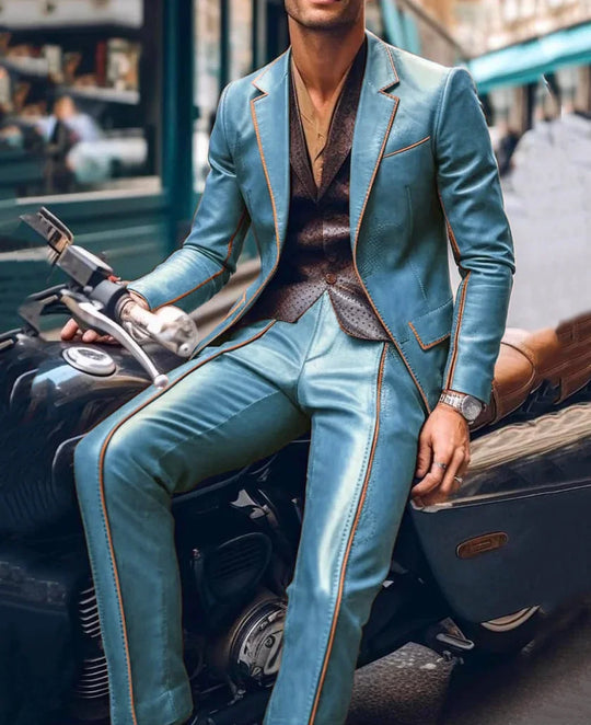 Casual Men's Blazer and Pants 2 Piece Set Lapel Long Sleeve PU Leather Jacket Men Business Casual Prom Suit Motorcycle Style