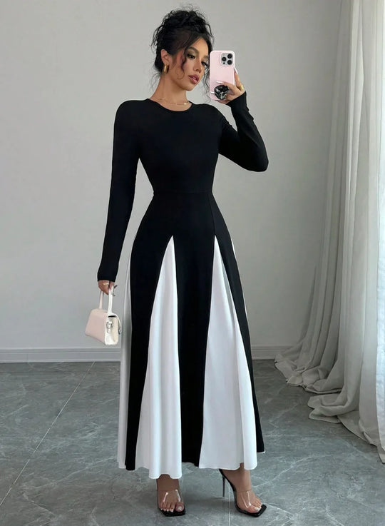 Spring & Autumn Women's Long Sleeve Round Neck A Line Contrast Color Dress, Stylish Black & White Patchwork Long Dress