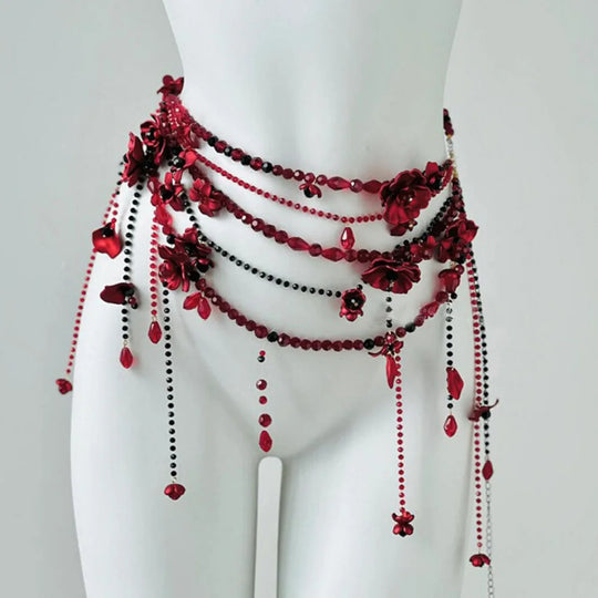 Designer Red belt Jewelry Multilayer Pearl waist chain for Women's Fashion Retro Character Playing Body Accessories Party Belts