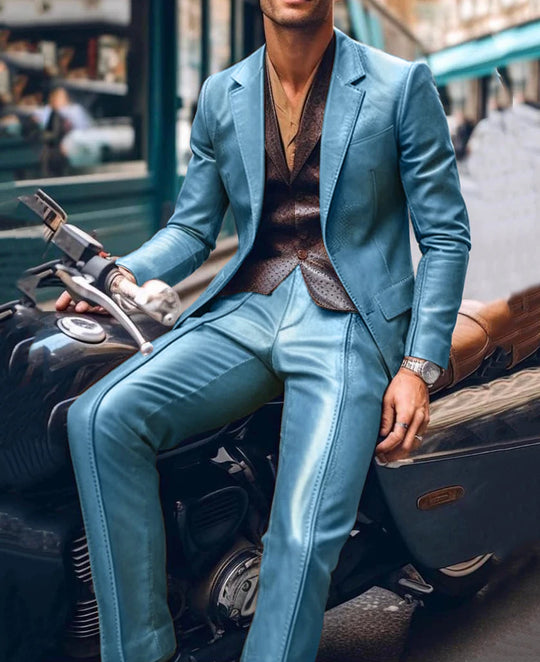 Casual Men's Blazer and Pants 2 Piece Set Lapel Long Sleeve PU Leather Jacket Men Business Casual Prom Suit Motorcycle Style