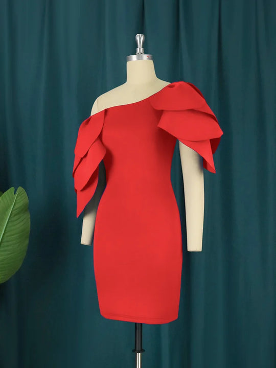 Design sense: niche, sexy, one shoulder lotus leaf edge banquet dress, hip hugging skirt, women's party dress