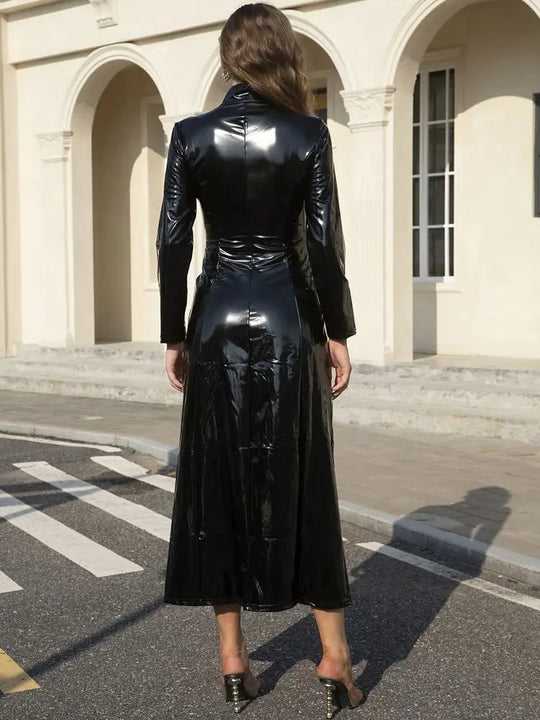 Wet Look PVC High Split Long Dress Shiny PU Leather Windbreaker Outwear Vestido Tights Performance Dresses Robe Faldas Jackets
