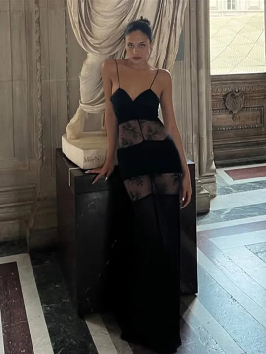 Lace See Through Sling Maxi Dress Women Sexy Slim Black Backless