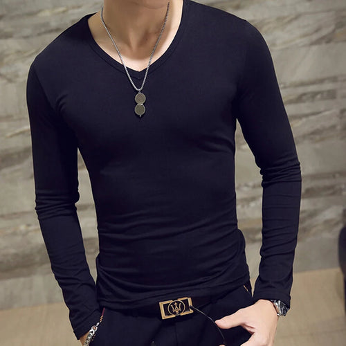 White Solid Color Basic Slim Men T-shirt Spring Autumn Bottoming Shirt
