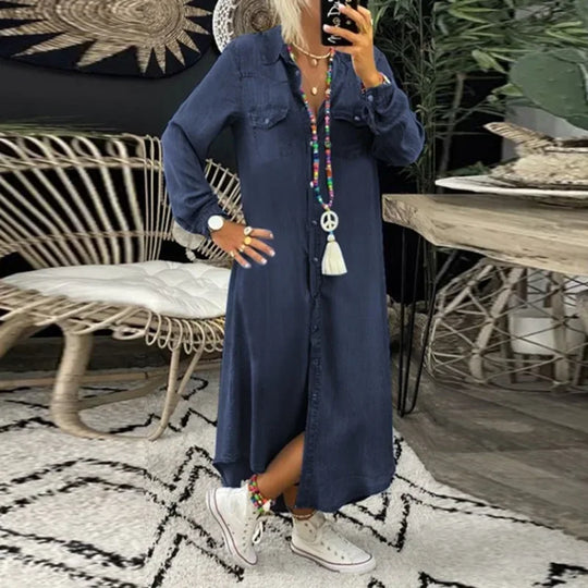 Women Fashion Long Dress Long Sleeve Shirt Dress Women's Denim Long Dress Pocket Button Shirt Casual Loose Dress