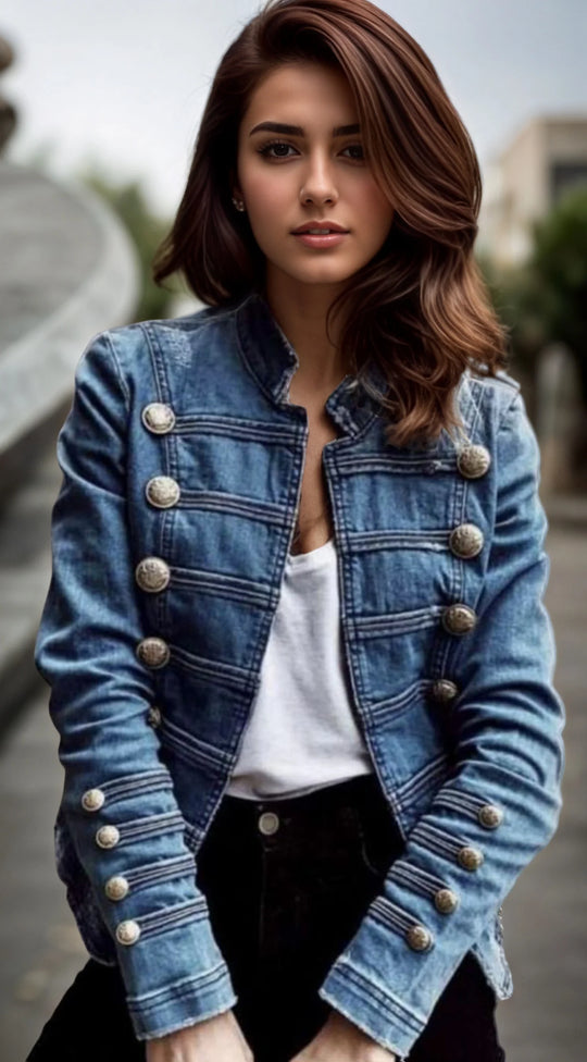 Women's Vintage Slim Fit Double Breasted Denim Jacket EuroAmerican Style Autumn Commuter Coat Casual Elegant Versatile Outerwear