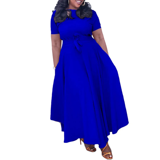 Elegant Women Dresses for Summer New Short Sleeve O Neck Sashes Pleated Ankle Length Luxury African Party Birthday Dress