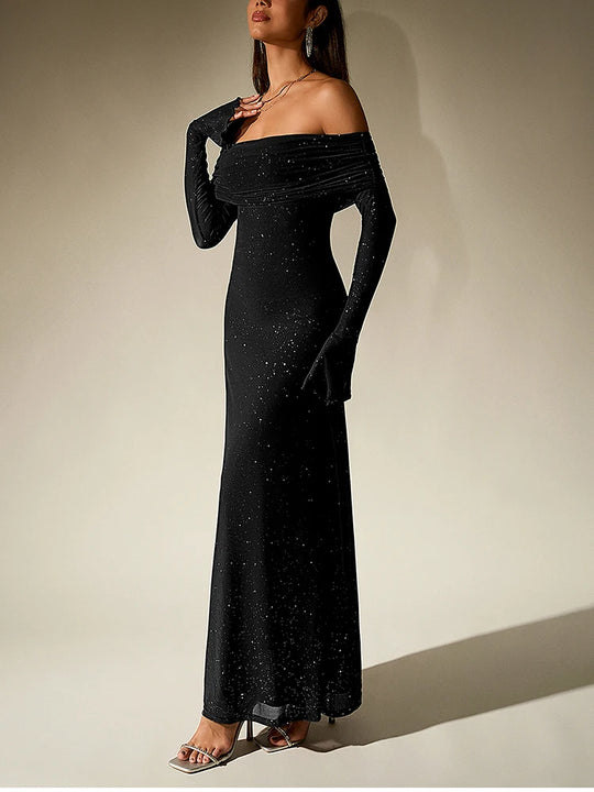 NewAsia Women's Bell Sleeve Off Shoulder Sequin Long Dress Backless