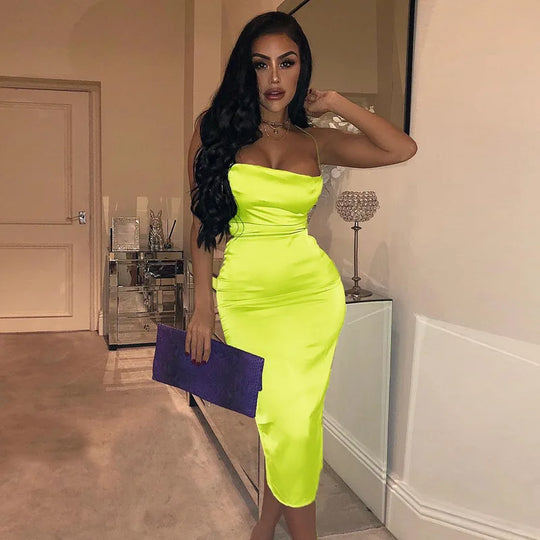 Neon Satin Lace Up Women's Long Midi Dress Light Pink Bodycon Backless Elegant Party Sexy Club Clothes Summer Dinner Outfit