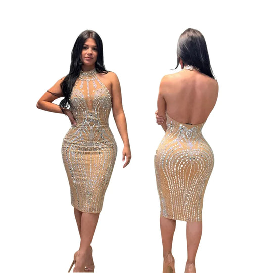 Backless Dress Sexy Wrap Buttocks Vestidos Women Party Dresses Sheath Slim Fit Spliced Summer Diamonds Knee Length
