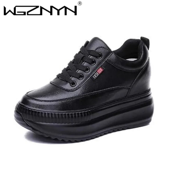 2024 Designer Platform Wedge Female Women 8CM Heels Sneakers Chunky Spring Autumn Shoes Women Genuine Leather Casual Black Shoes