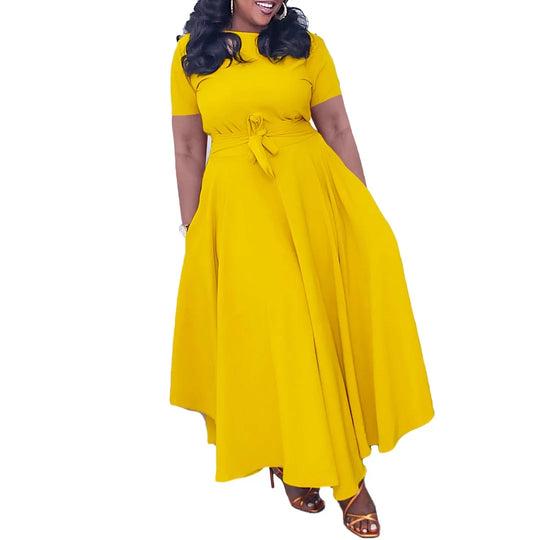 Elegant Women Dresses for Summer New Short Sleeve O Neck Sashes Pleated Ankle Length Luxury African Party Birthday Dress