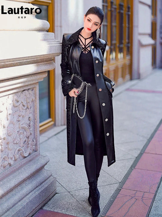 Spring Autumn Long Luxury Elegant Fitted Patchwork Pu Leather Trench Coat for Women Single Breasted Runway Fashion