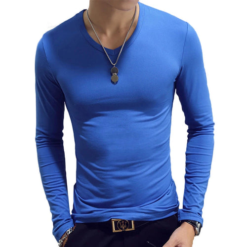 White Solid Color Basic Slim Men T-shirt Spring Autumn Bottoming Shirt
