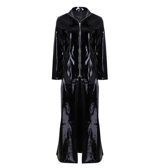 Wet Look PVC High Split Long Dress Shiny PU Leather Windbreaker Outwear Vestido Tights Performance Dresses Robe Faldas Jackets