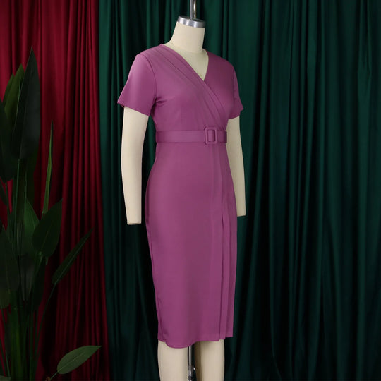 Elegant Office Dresses for Women V Neck Short Sleeve Belt Waisted Pleated Mid Calf Formal Business Work Wear Dress Midi Clothes