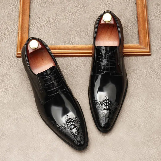 Men's Trendy Genuine Leather British-style Pointed Toe Dress Shoes, Lace-Up Business Formal Oxfords Shoes