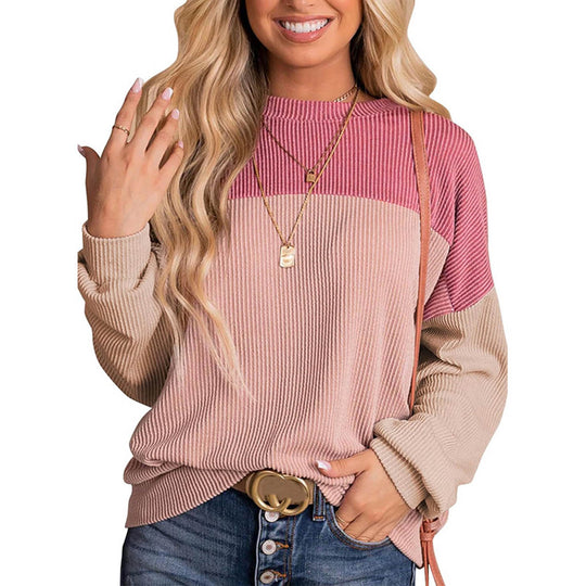 Womens Color Block Long Sleeve Crewneck Knitted Casual Pullover Tops.