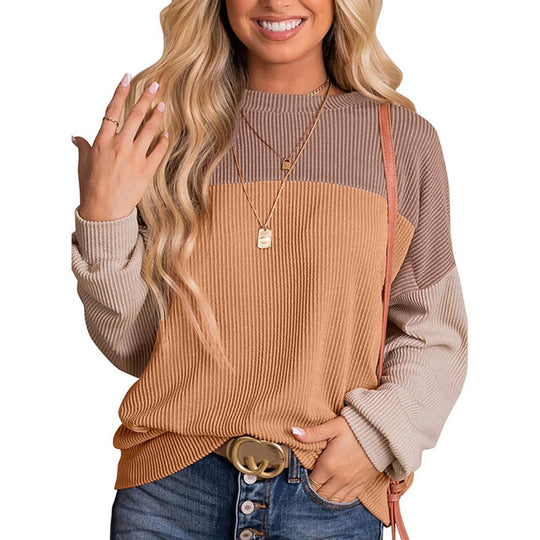 Womens Color Block Long Sleeve Crewneck Knitted Casual Pullover Tops.