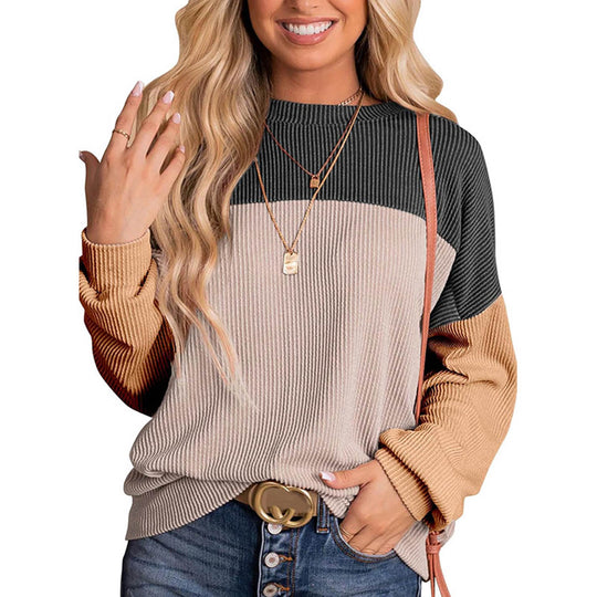 Womens Color Block Long Sleeve Crewneck Knitted Casual Pullover Tops.