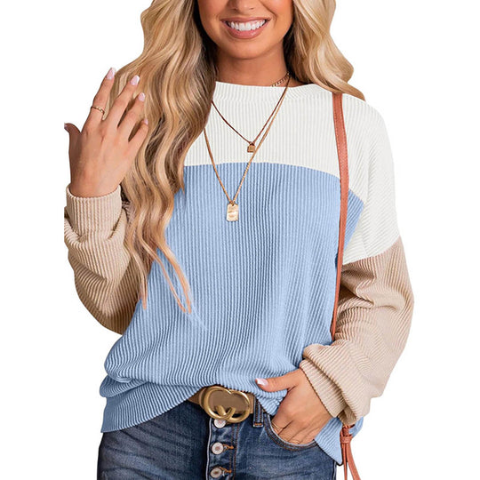 Womens Color Block Long Sleeve Crewneck Knitted Casual Pullover Tops.