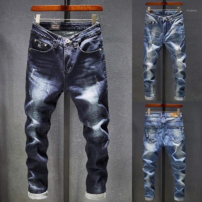 Mens Jeans Holes Frayed Hiphop Ripped Blue Skinny Stretch Slim