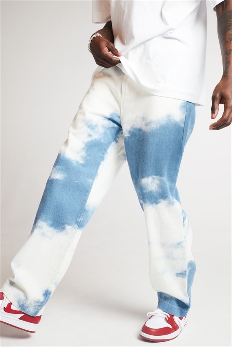 Mens Tie-dyed Denim Straight-fit Jean Pant Washed Comfort Stretch
