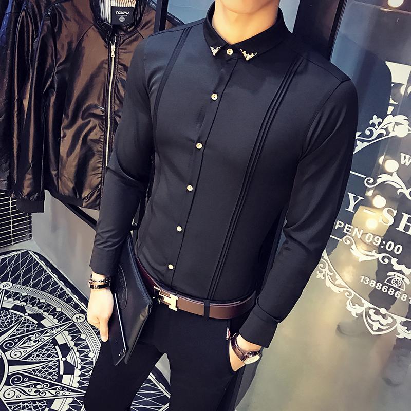 New Arrival Mens Shirt Slim Fit Tuxedo Shirts Male Long Sleeve Red