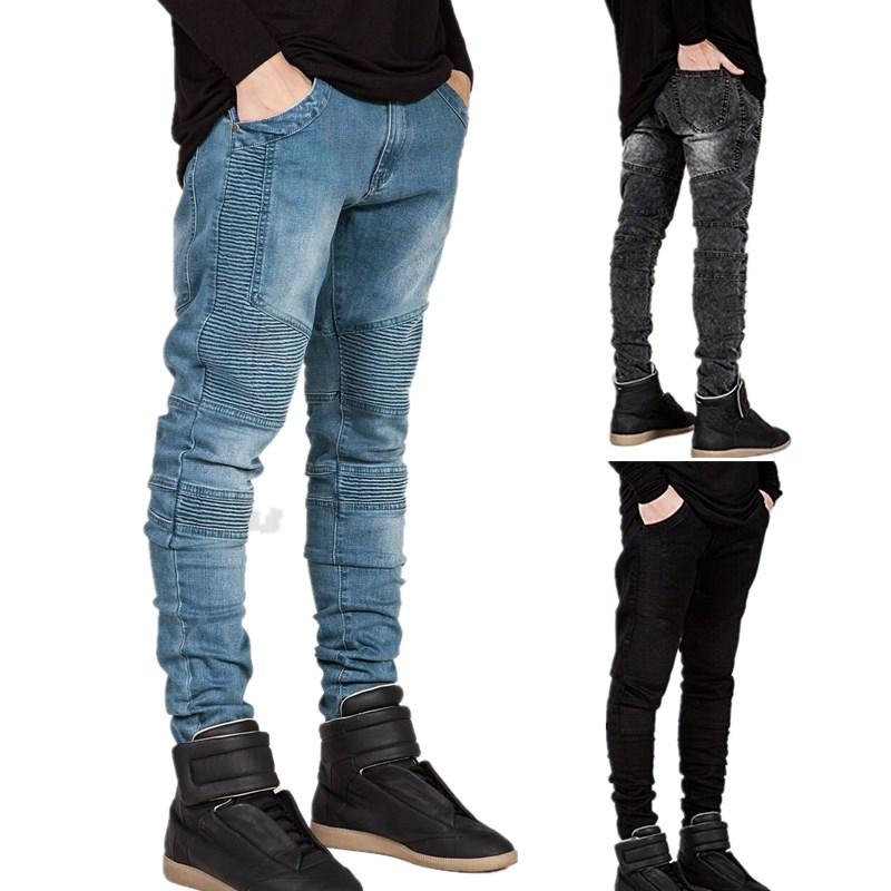 Mens Jeans Denim Trousers Slim Fit Stretch Pintunck Denim Pants Biker